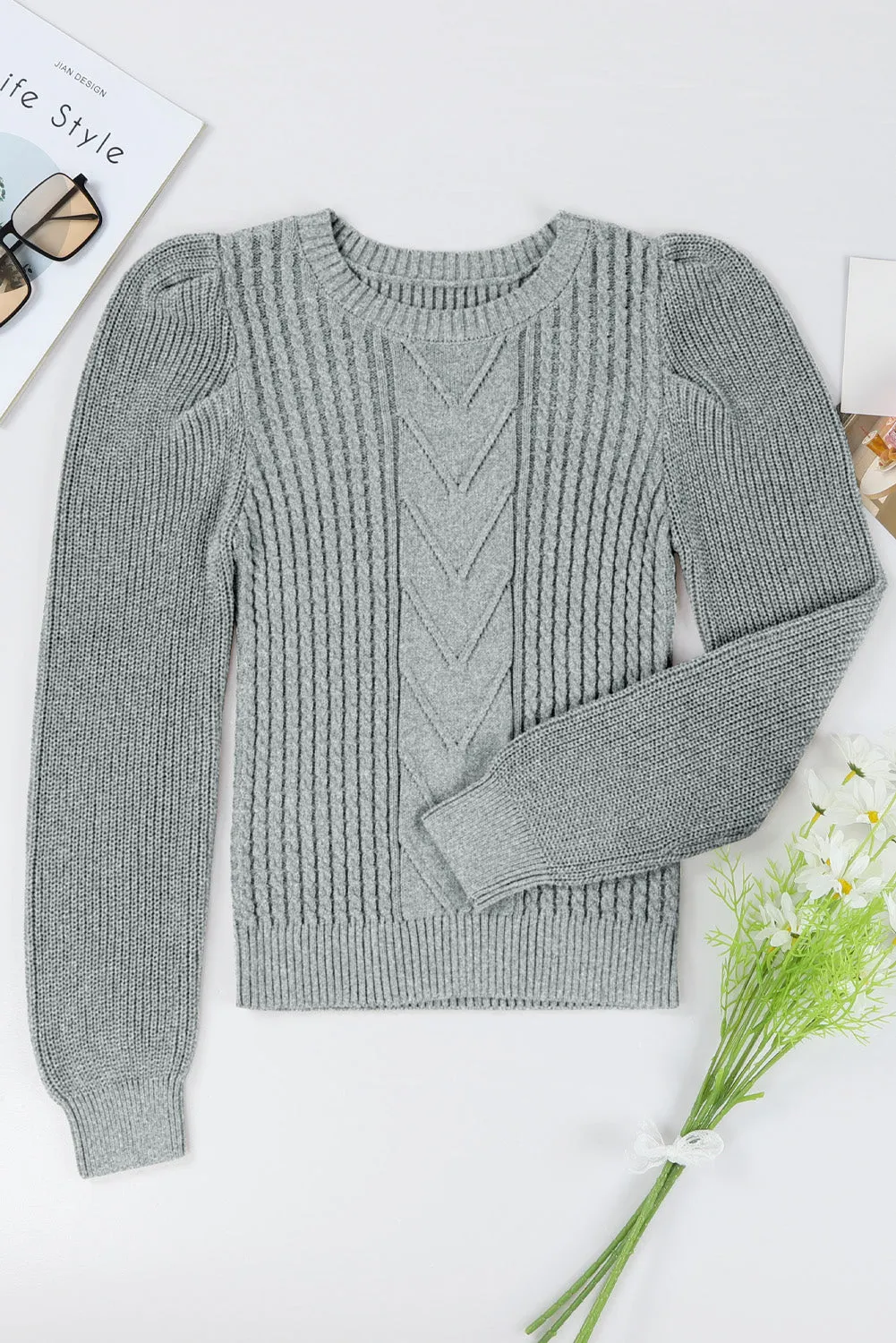 Gray Cable Ribbed Mix Pattern Knit Puff Sleeve Sweater