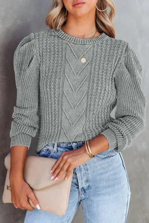 Gray Cable Ribbed Mix Pattern Knit Puff Sleeve Sweater