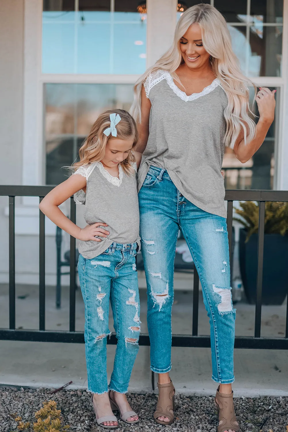 Gray Lace Knit Cap Sleeve Top