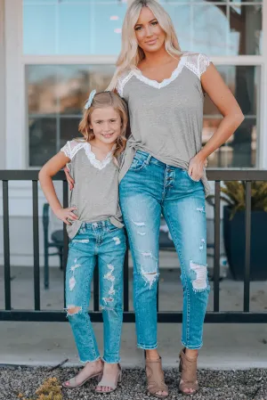 Gray Lace Knit Cap Sleeve Top