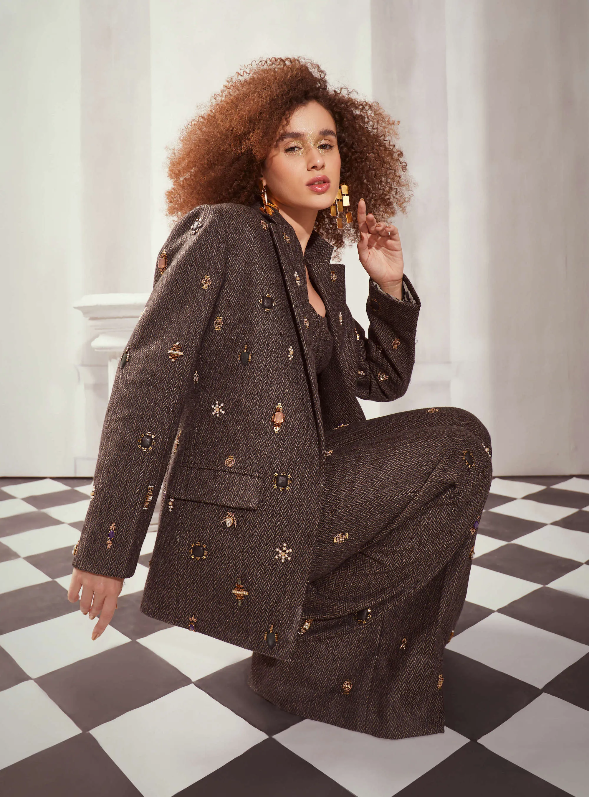 Gray tweed pantsuit set