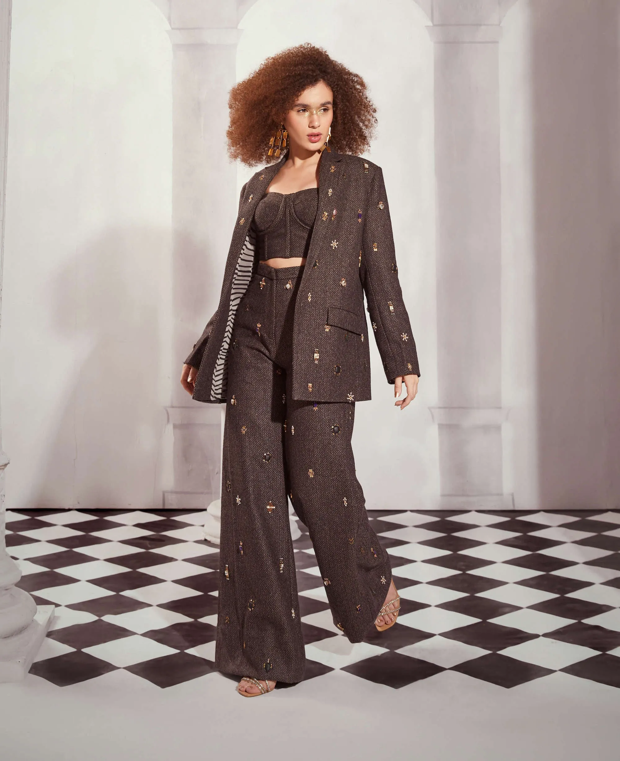 Gray tweed pantsuit set