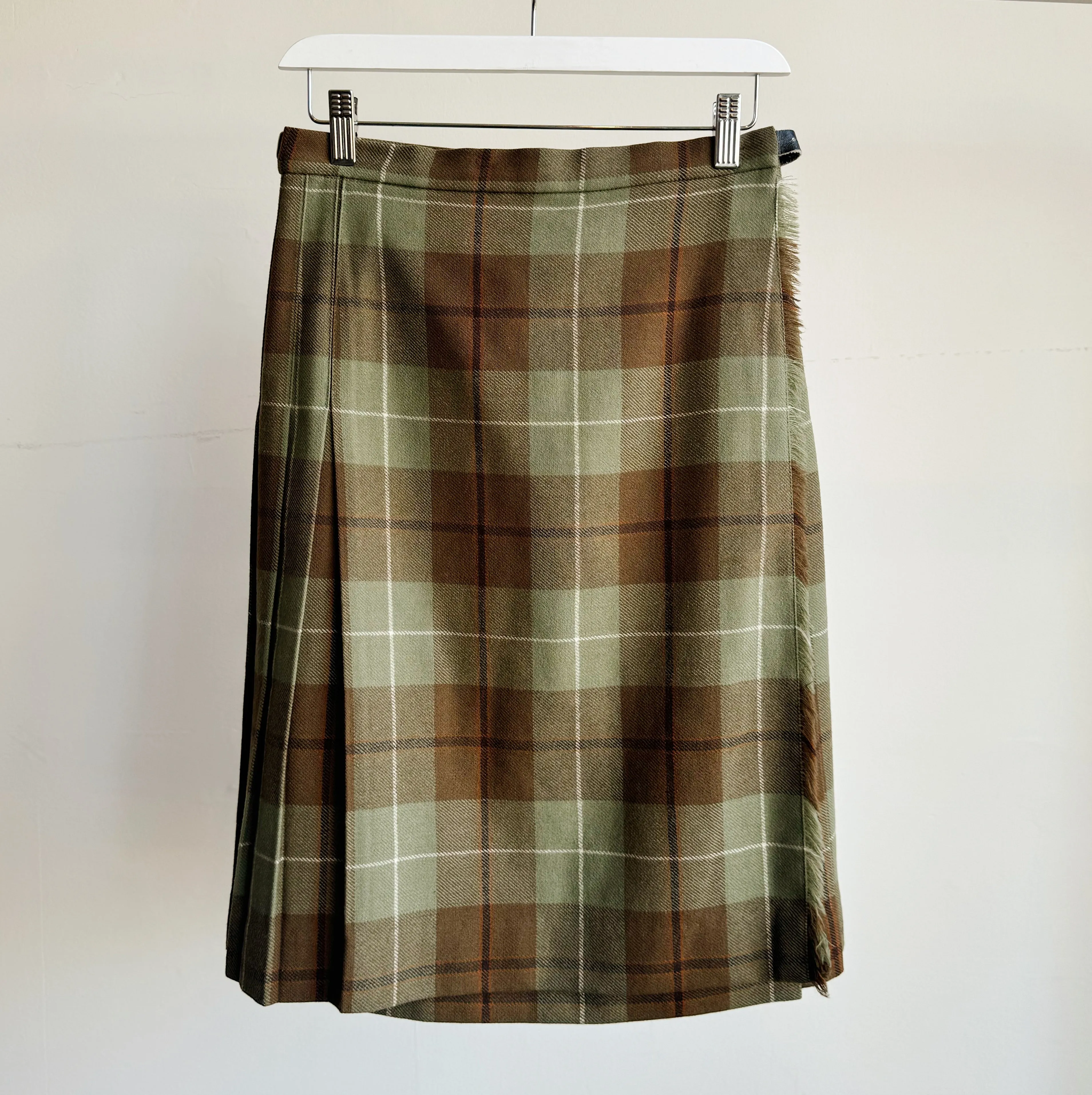 Green   Brown Wool Plaid Midi Skirt
