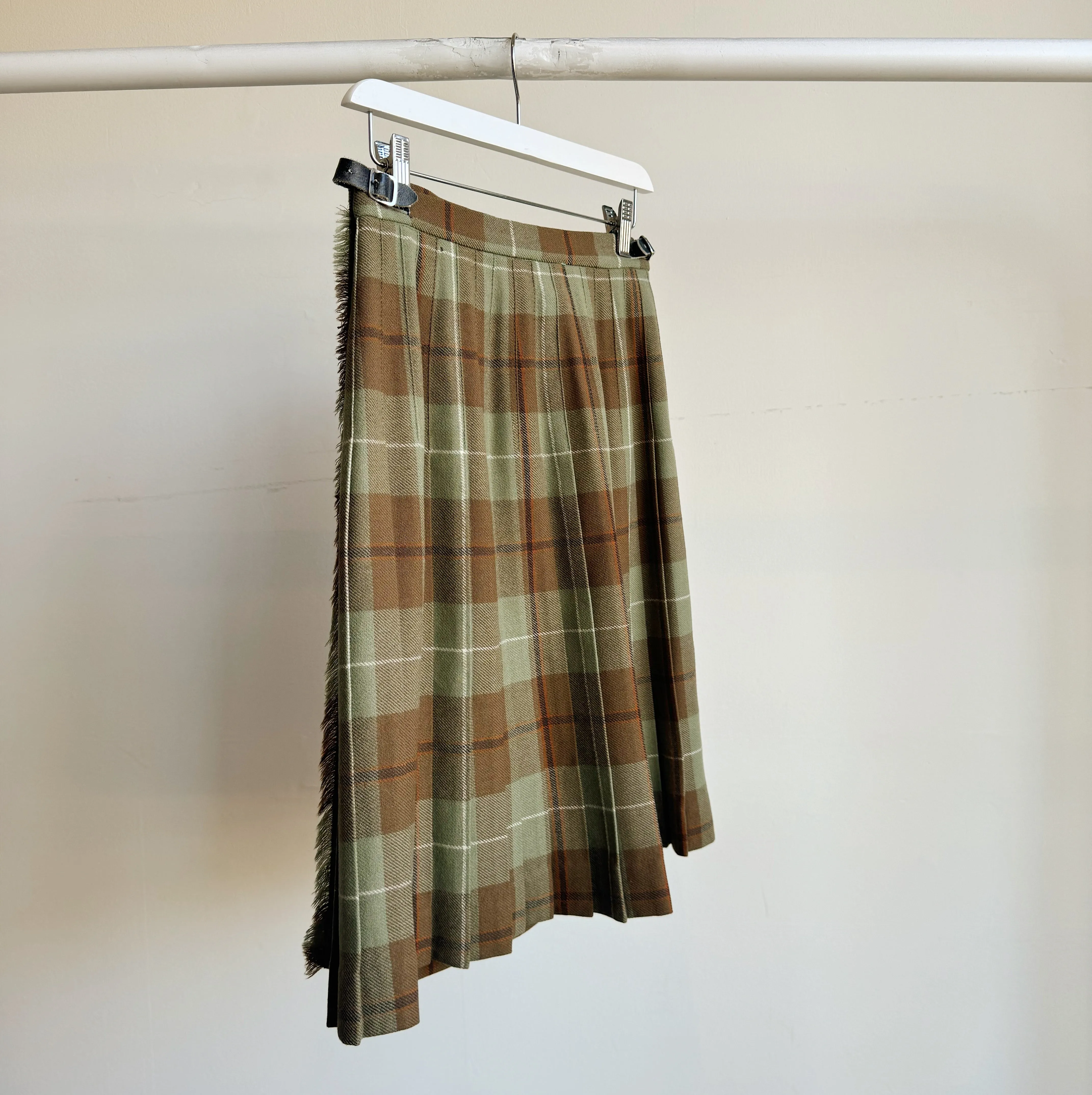 Green   Brown Wool Plaid Midi Skirt