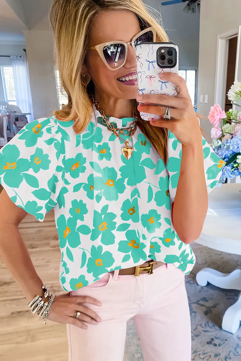 Green Floral Puff Sleeve Frilled Neckline Blouse