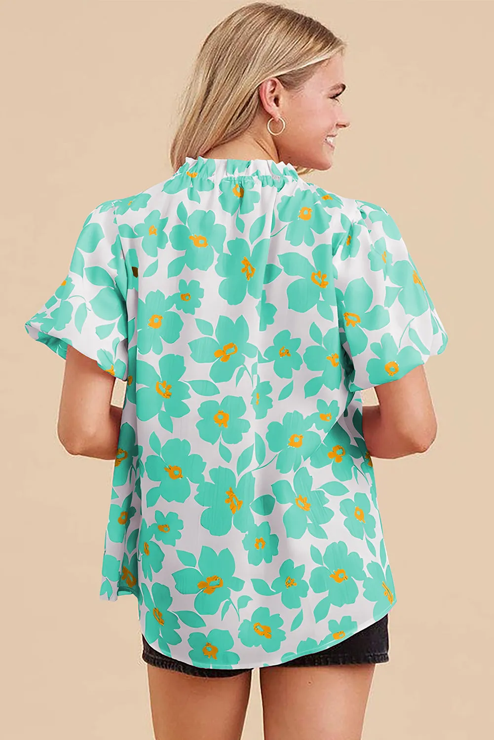 Green Floral Puff Sleeve Frilled Neckline Blouse