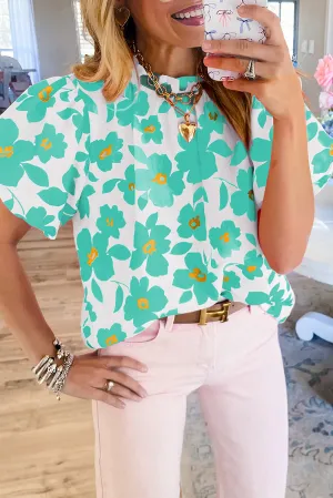 Green Floral Puff Sleeve Frilled Neckline Blouse