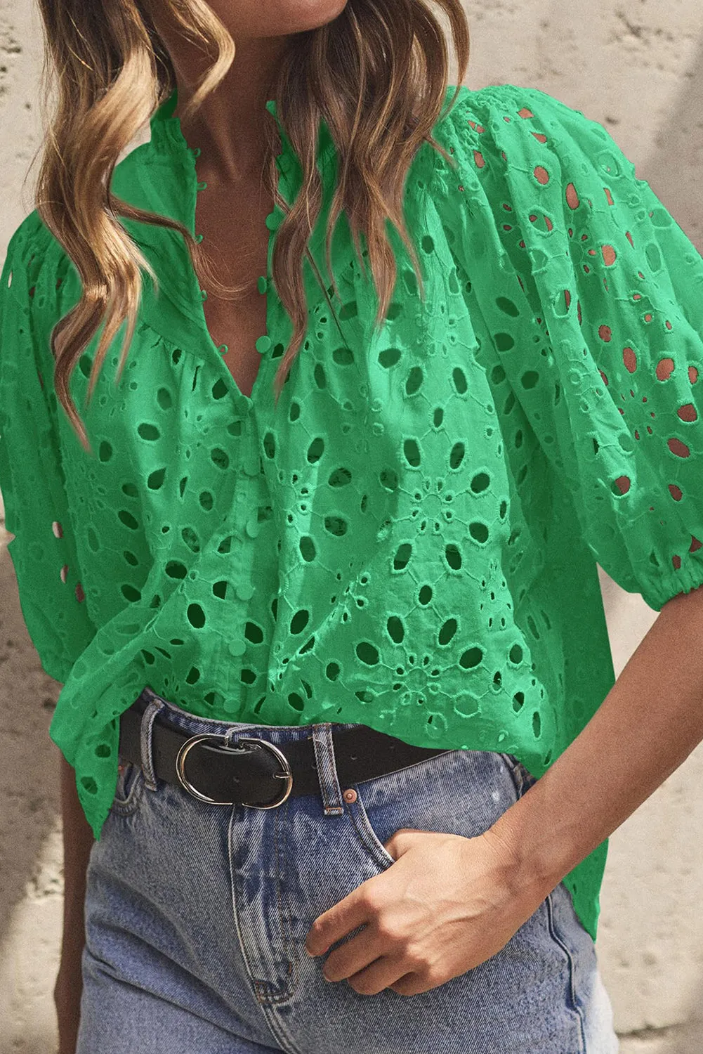 Green Hollow-out Flower Embroidered Short Puff Sleeve Blouse