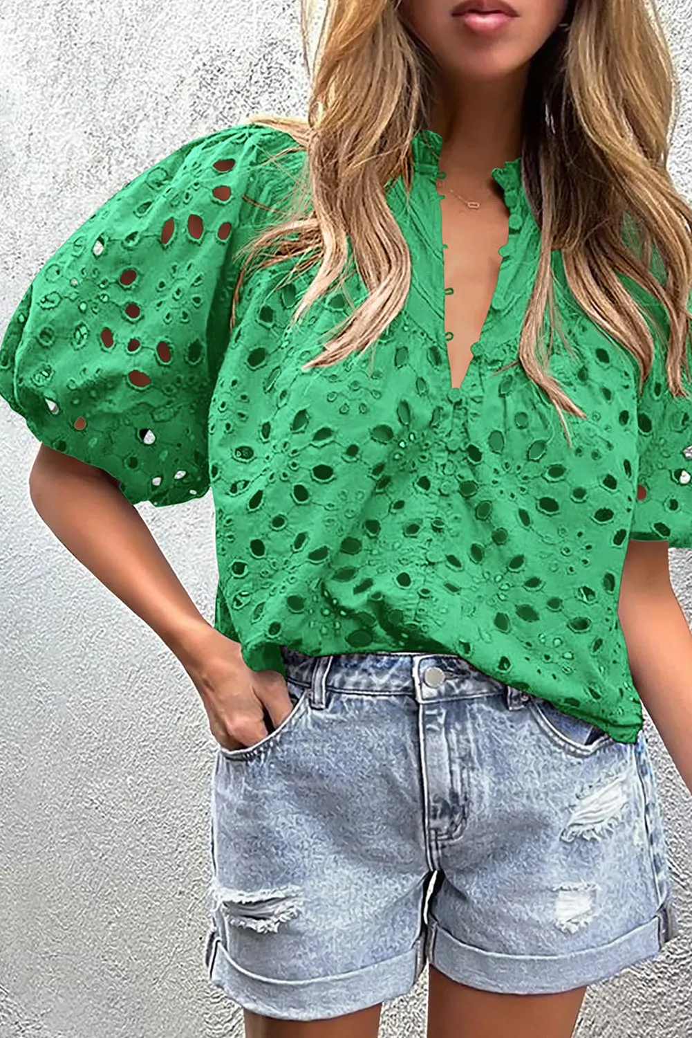 Green Hollow-out Flower Embroidered Short Puff Sleeve Blouse
