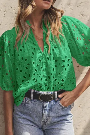 Green Hollow-out Flower Embroidered Short Puff Sleeve Blouse