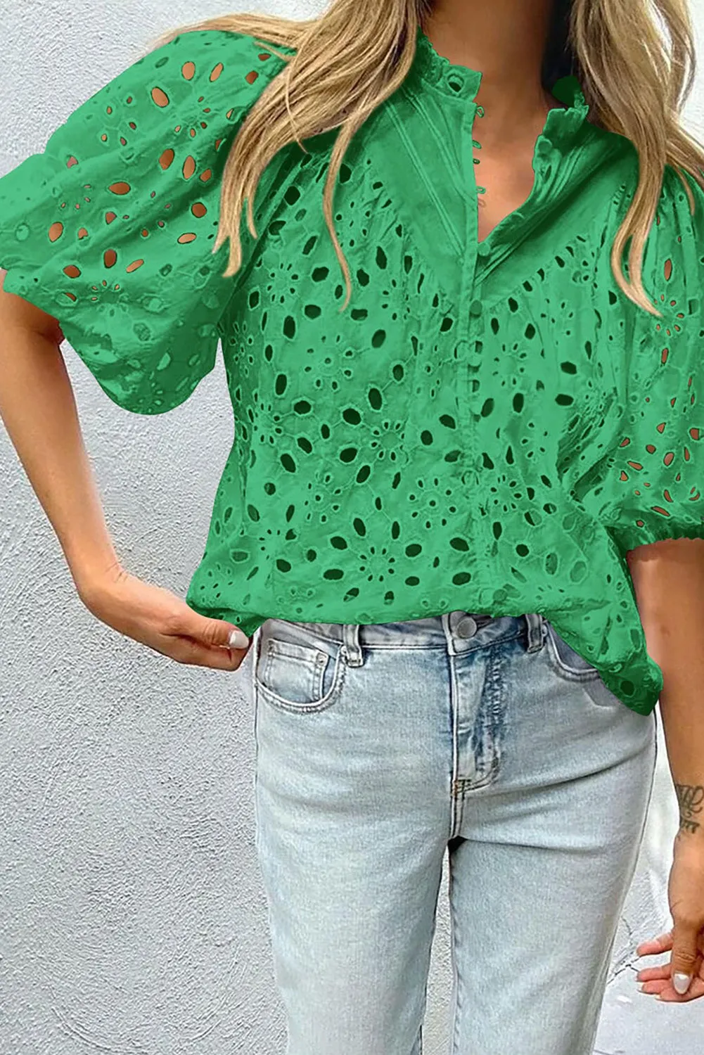 Green Hollow-out Flower Embroidered Short Puff Sleeve Blouse