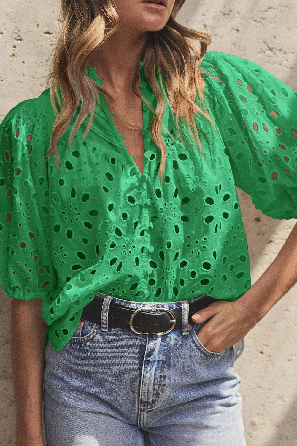 Green Hollow-out Flower Embroidered Short Puff Sleeve Blouse