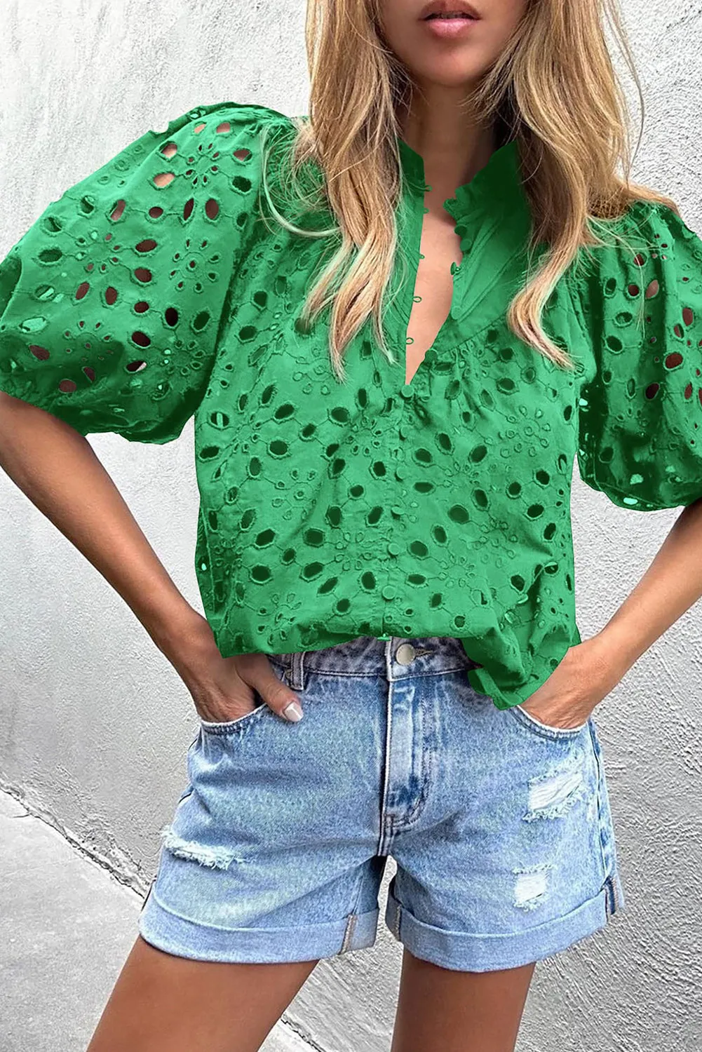 Green Hollow-out Flower Embroidered Short Puff Sleeve Blouse