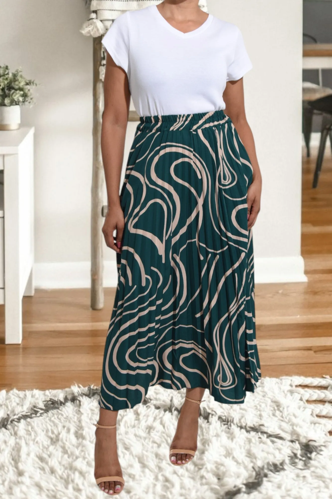 Green Long Pocket Pleated Skirt