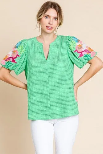 Green Plaid Texture Floral Embroidery Sleeve