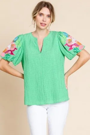 Green Plaid Texture Floral Embroidery Sleeve