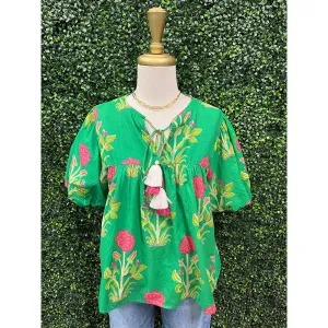 Green puff sleeve flower print top
