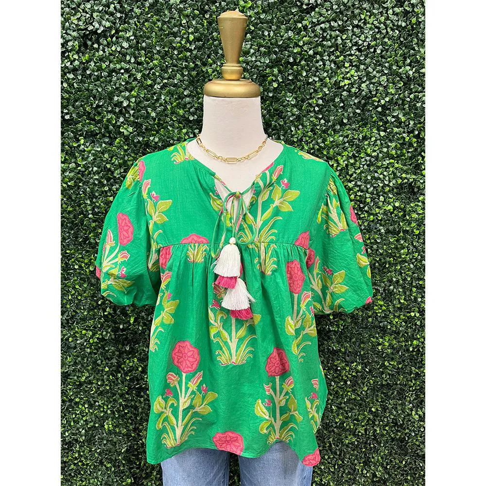Green puff sleeve flower print top