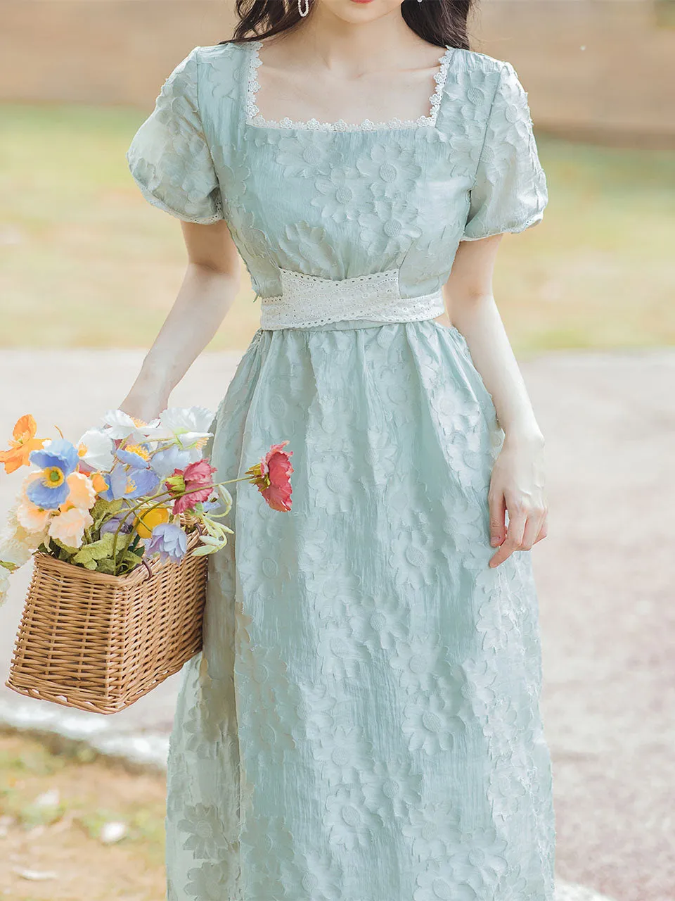 Green Square Collar Puff Sleeve Summer 1950S Flower Vintage Dress