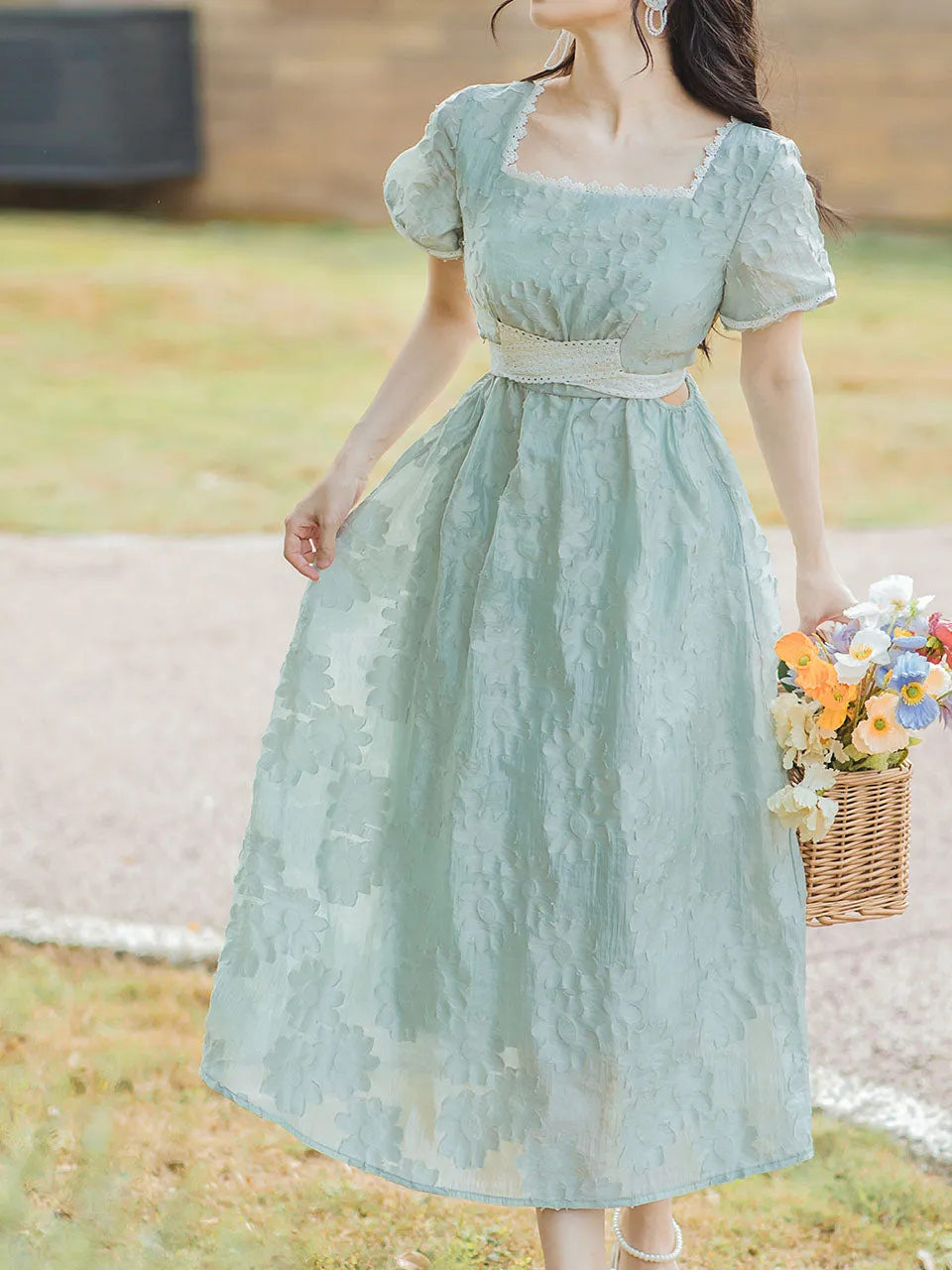 Green Square Collar Puff Sleeve Summer 1950S Flower Vintage Dress