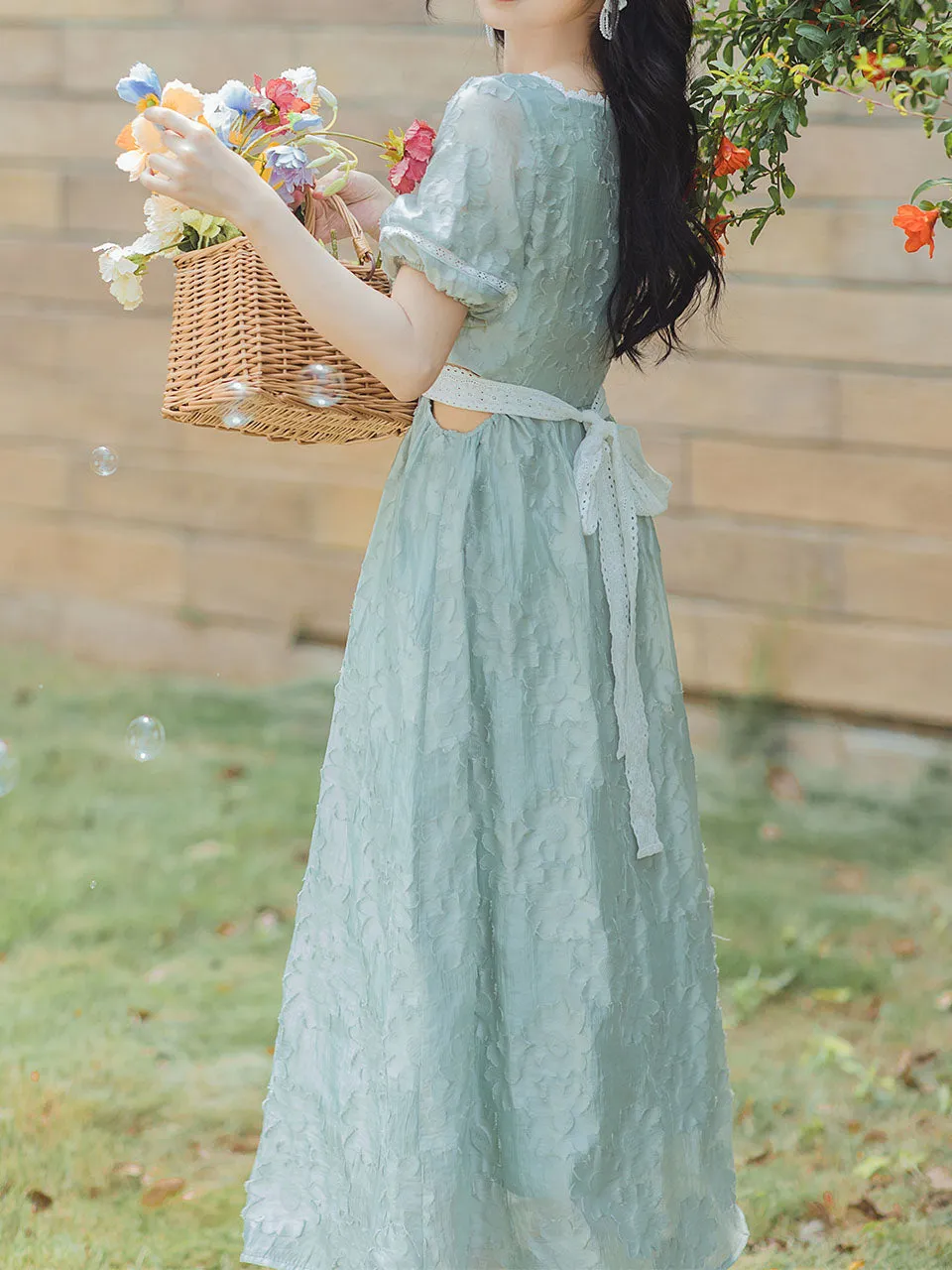 Green Square Collar Puff Sleeve Summer 1950S Flower Vintage Dress