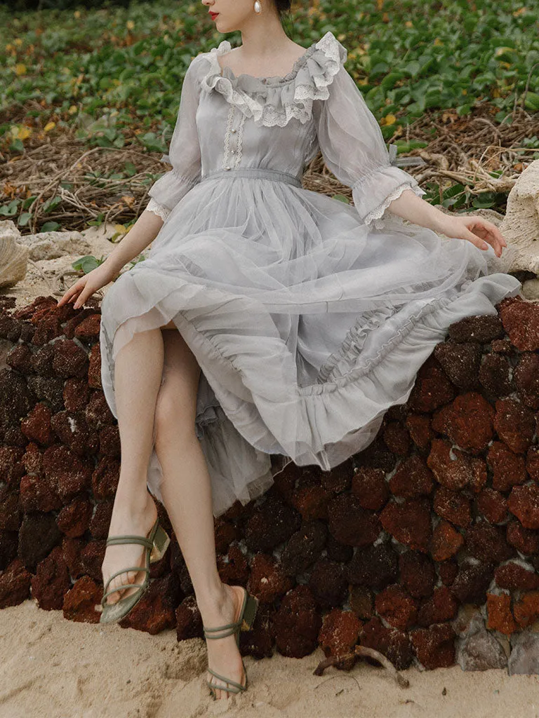 Grey Ruffles Puff Sleeve Lace Vintage 1950S Swing Victoria's Fairy Dress