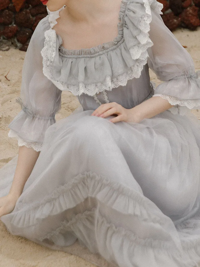 Grey Ruffles Puff Sleeve Lace Vintage 1950S Swing Victoria's Fairy Dress