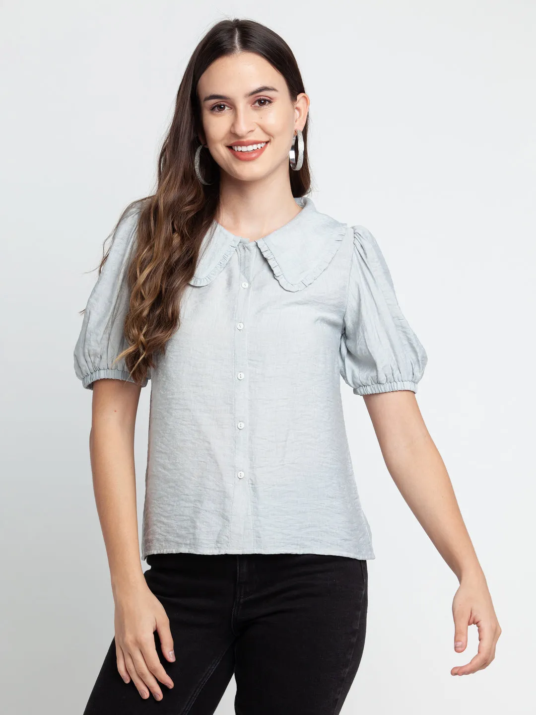 Grey Solid Pleated Shirt