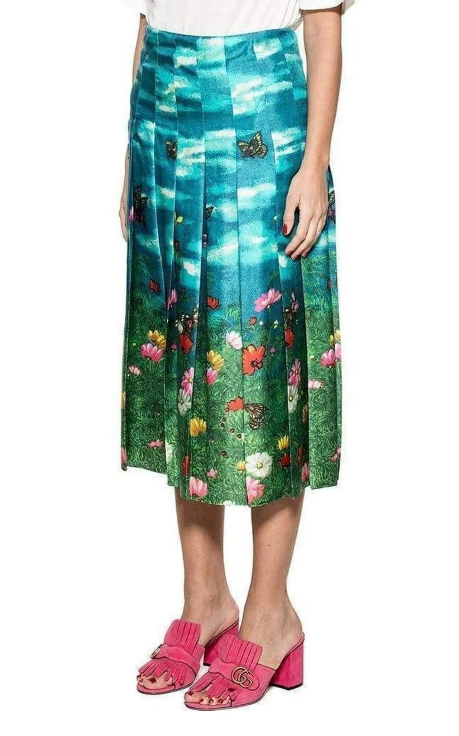Gucci Garden Print Pleated Silk Skirt