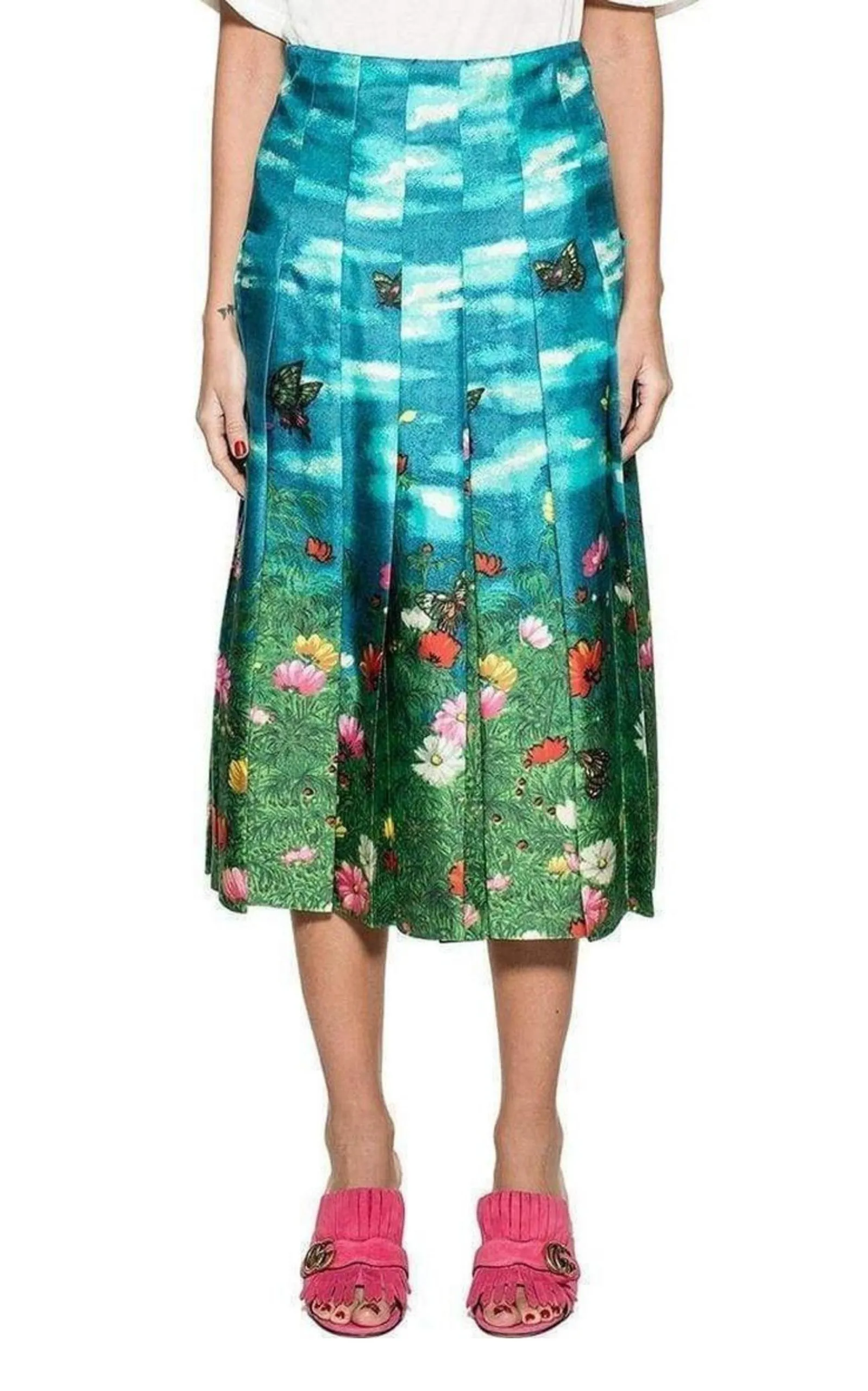 Gucci Garden Print Pleated Silk Skirt