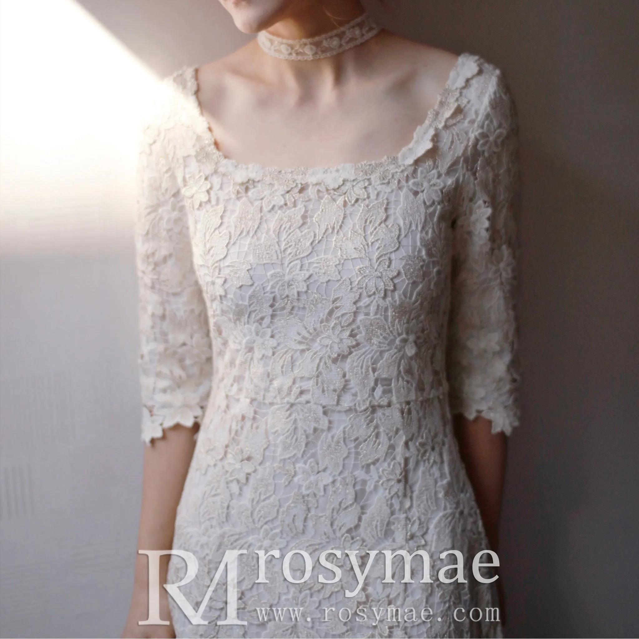 Half Sleeve Floral Lace Tea Length Wedding Dress with Square Neck