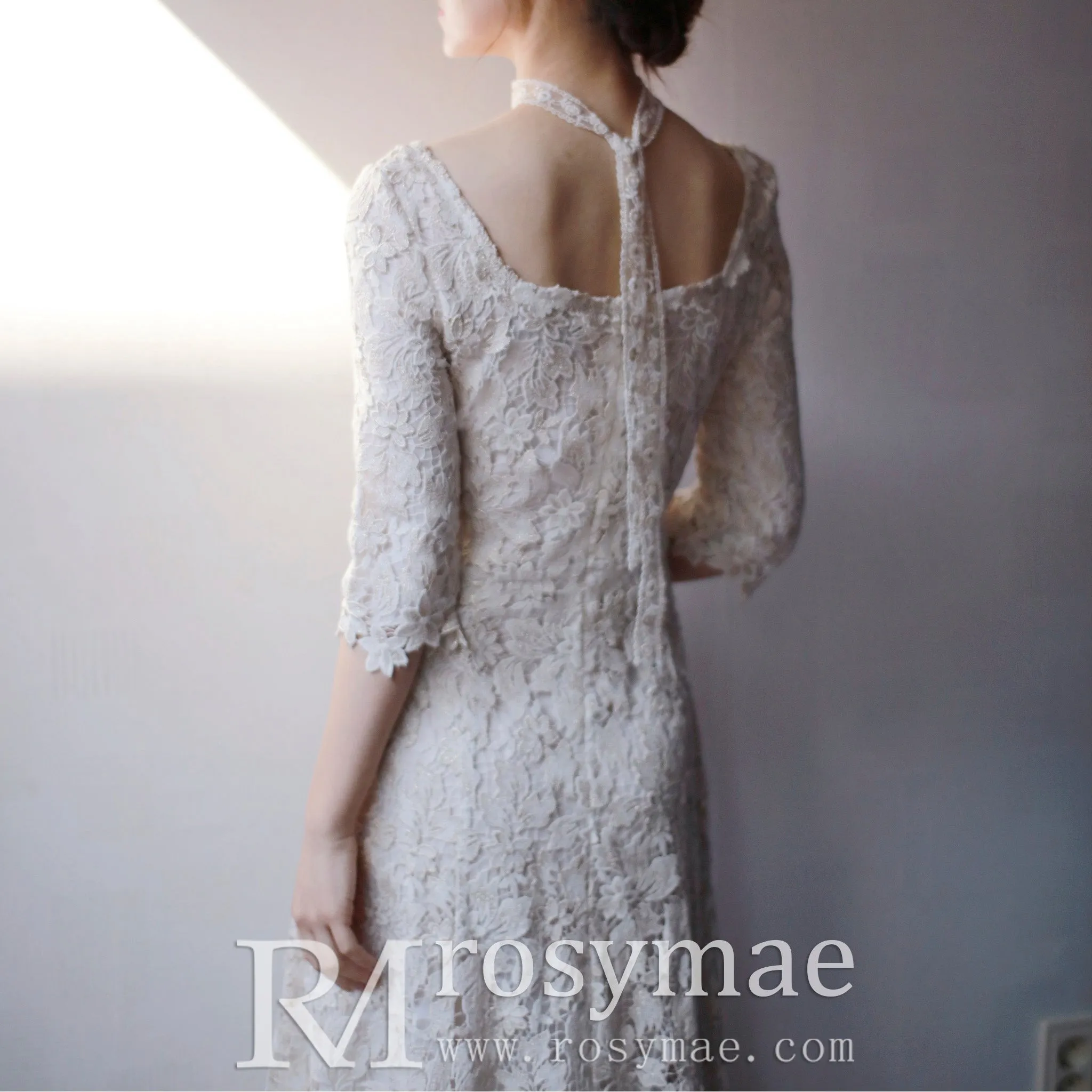 Half Sleeve Floral Lace Tea Length Wedding Dress with Square Neck