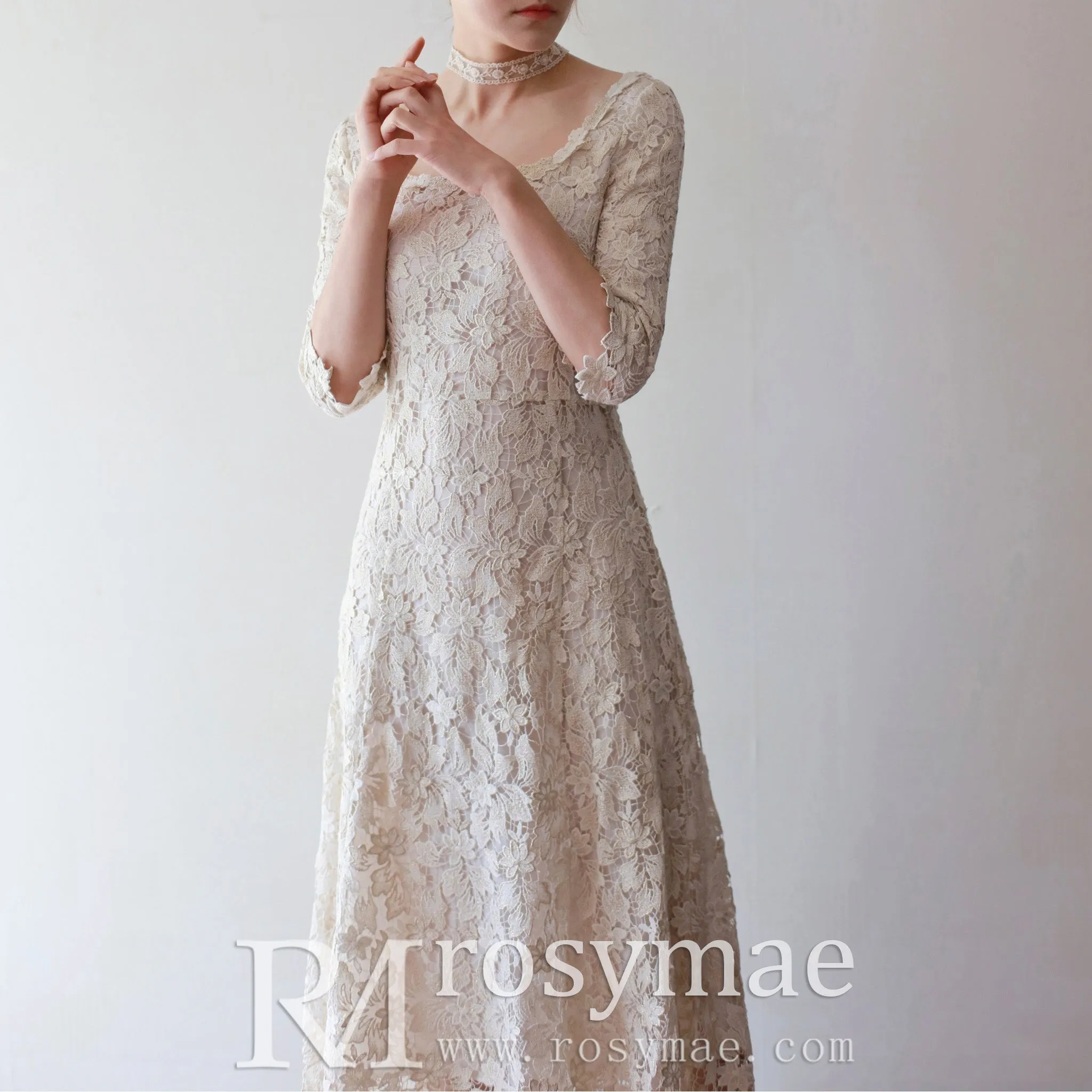 Half Sleeve Floral Lace Tea Length Wedding Dress with Square Neck
