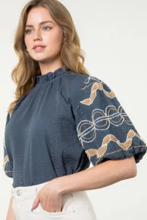 Hand Embroidered Puff Sleeve Top