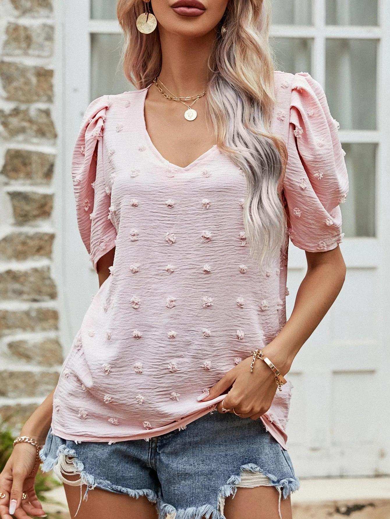 Hazel Blues® | Swiss Dot Short Puff Sleeve Top