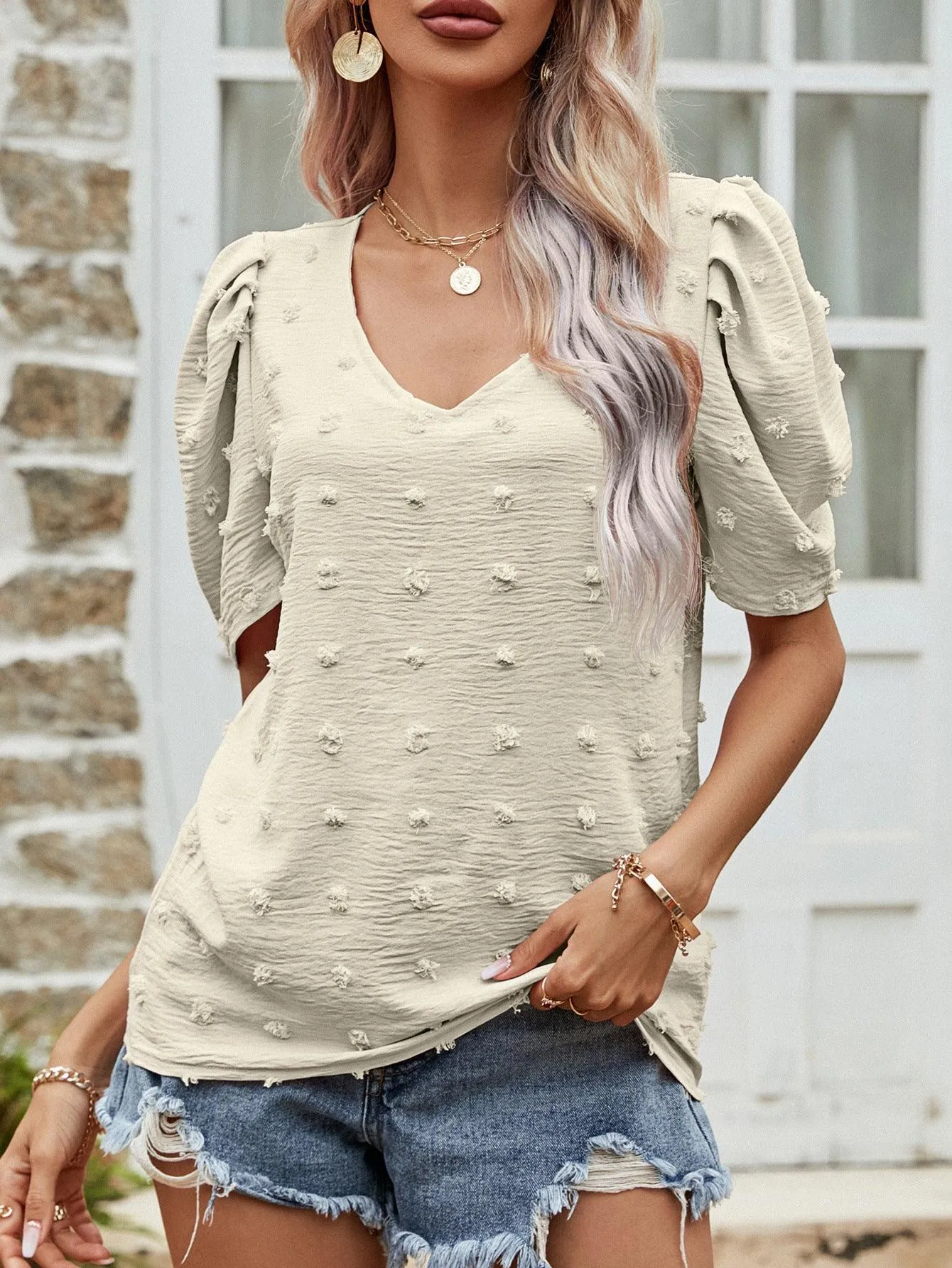 Hazel Blues® | Swiss Dot Short Puff Sleeve Top