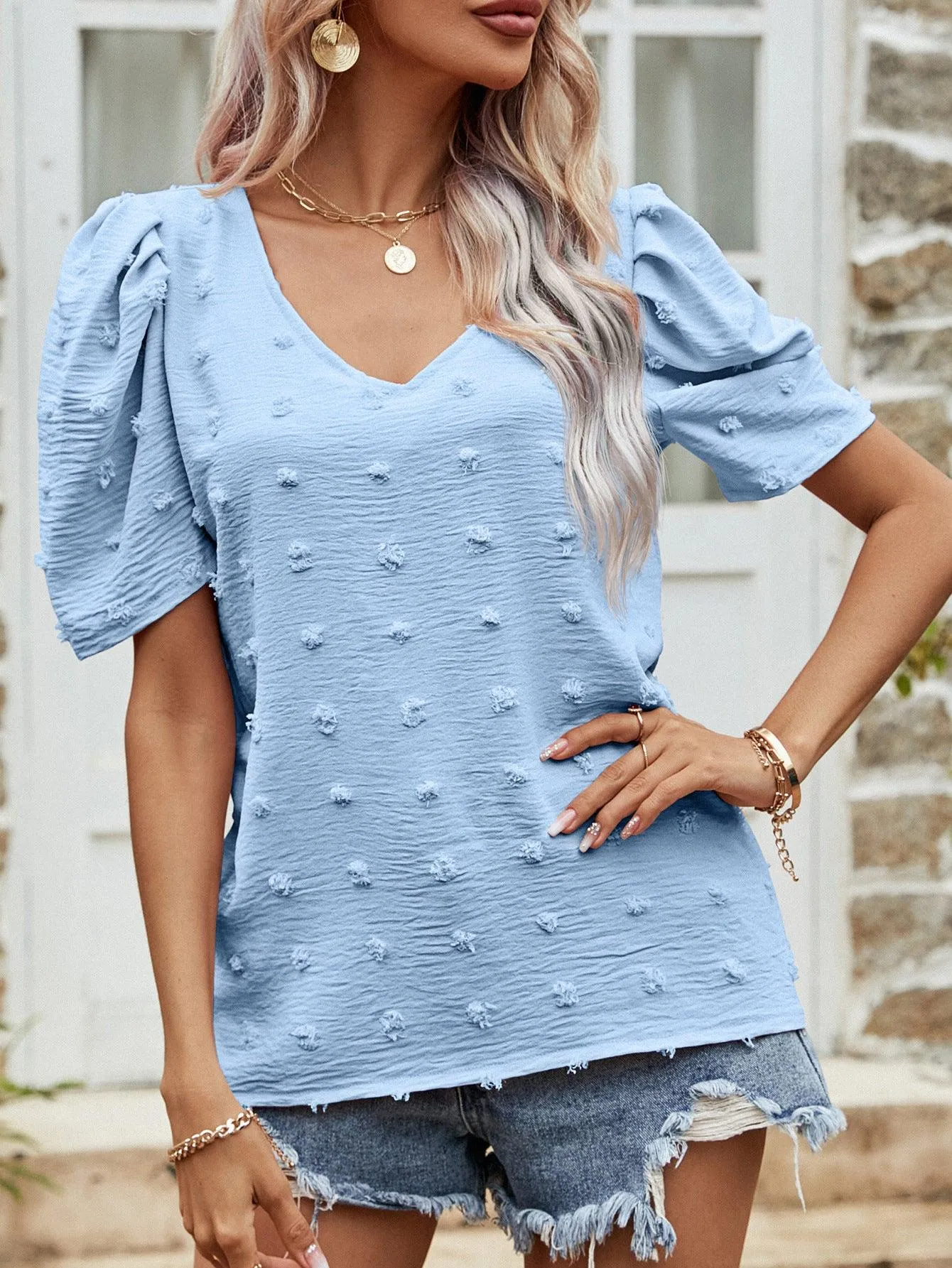 Hazel Blues® | Swiss Dot Short Puff Sleeve Top