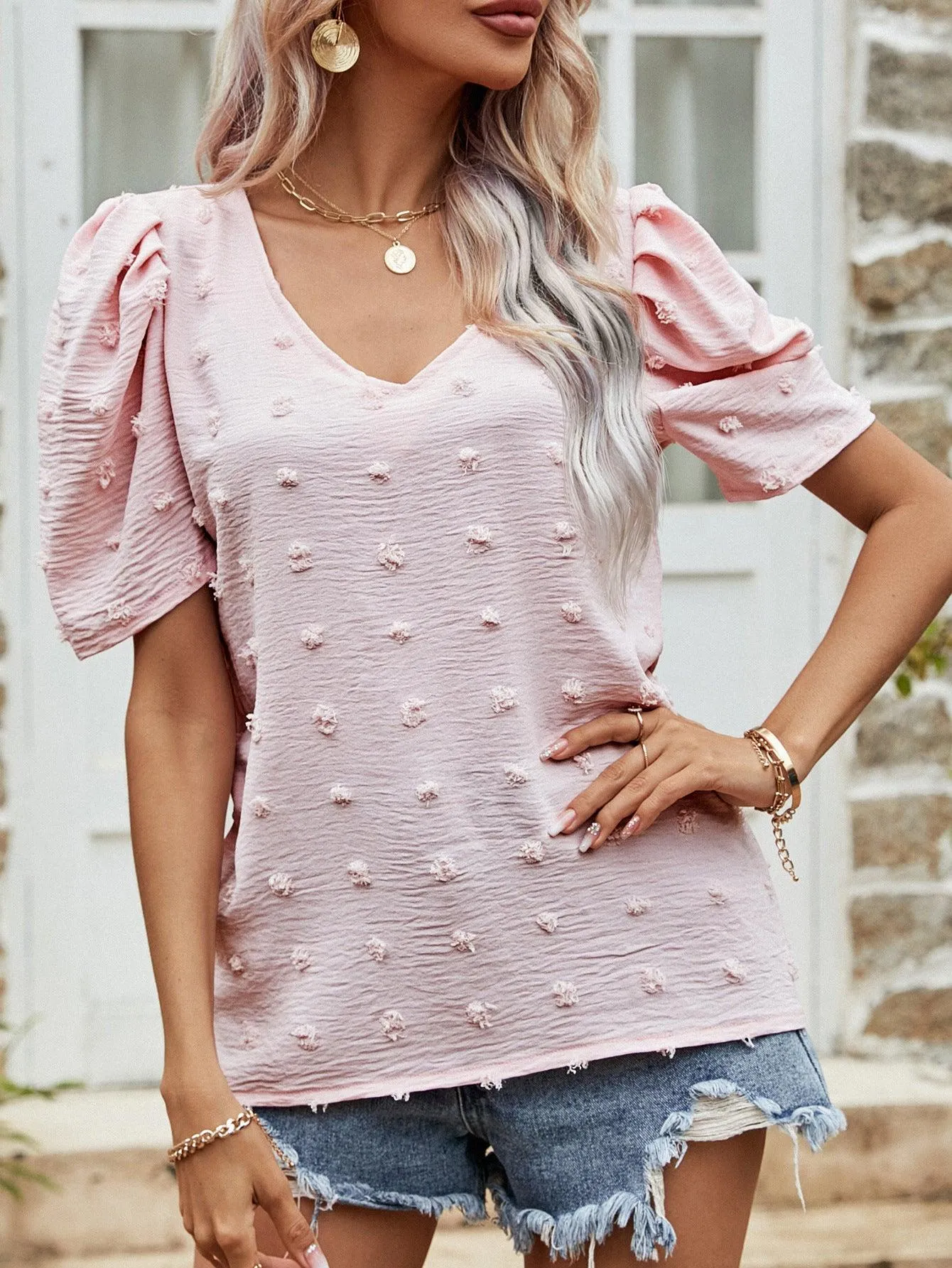 Hazel Blues® | Swiss Dot Short Puff Sleeve Top