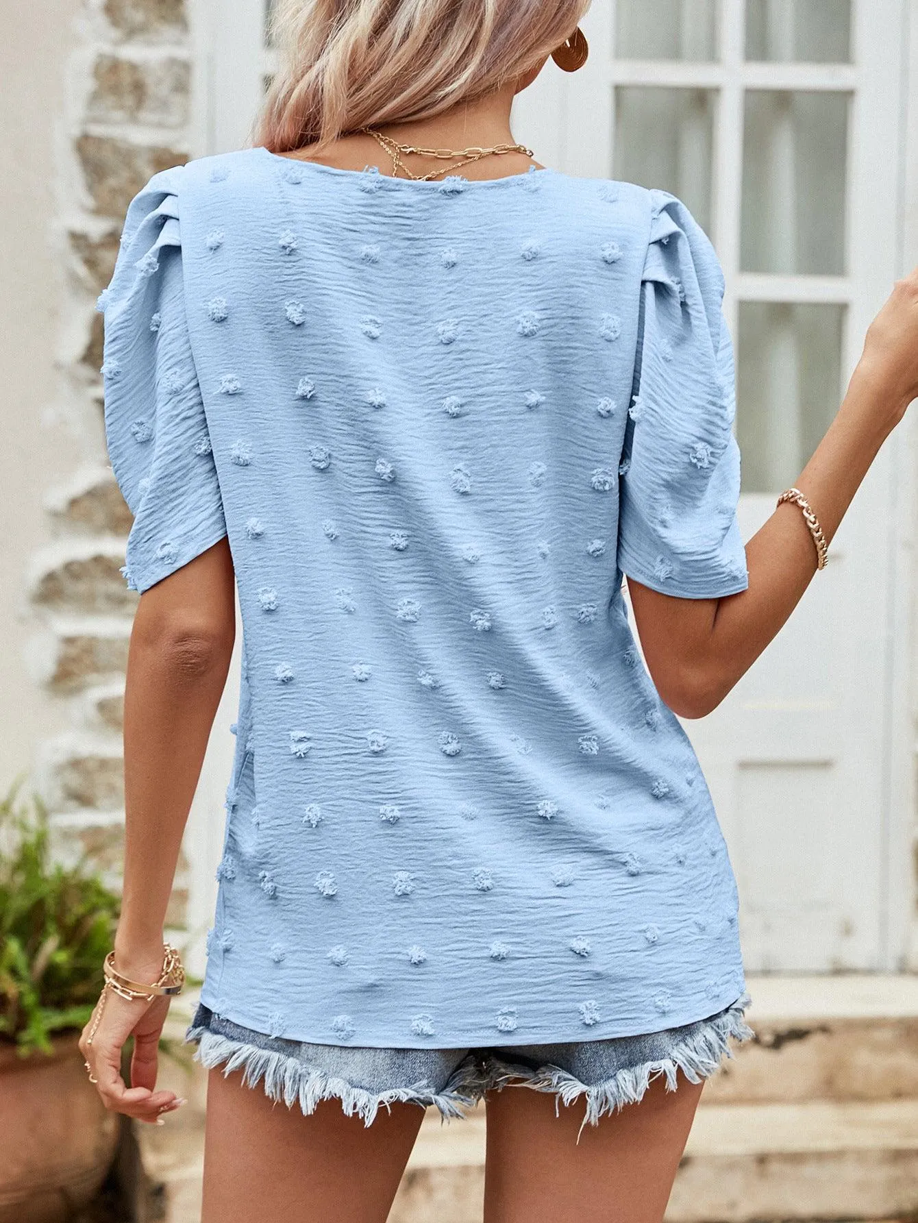 Hazel Blues® | Swiss Dot Short Puff Sleeve Top