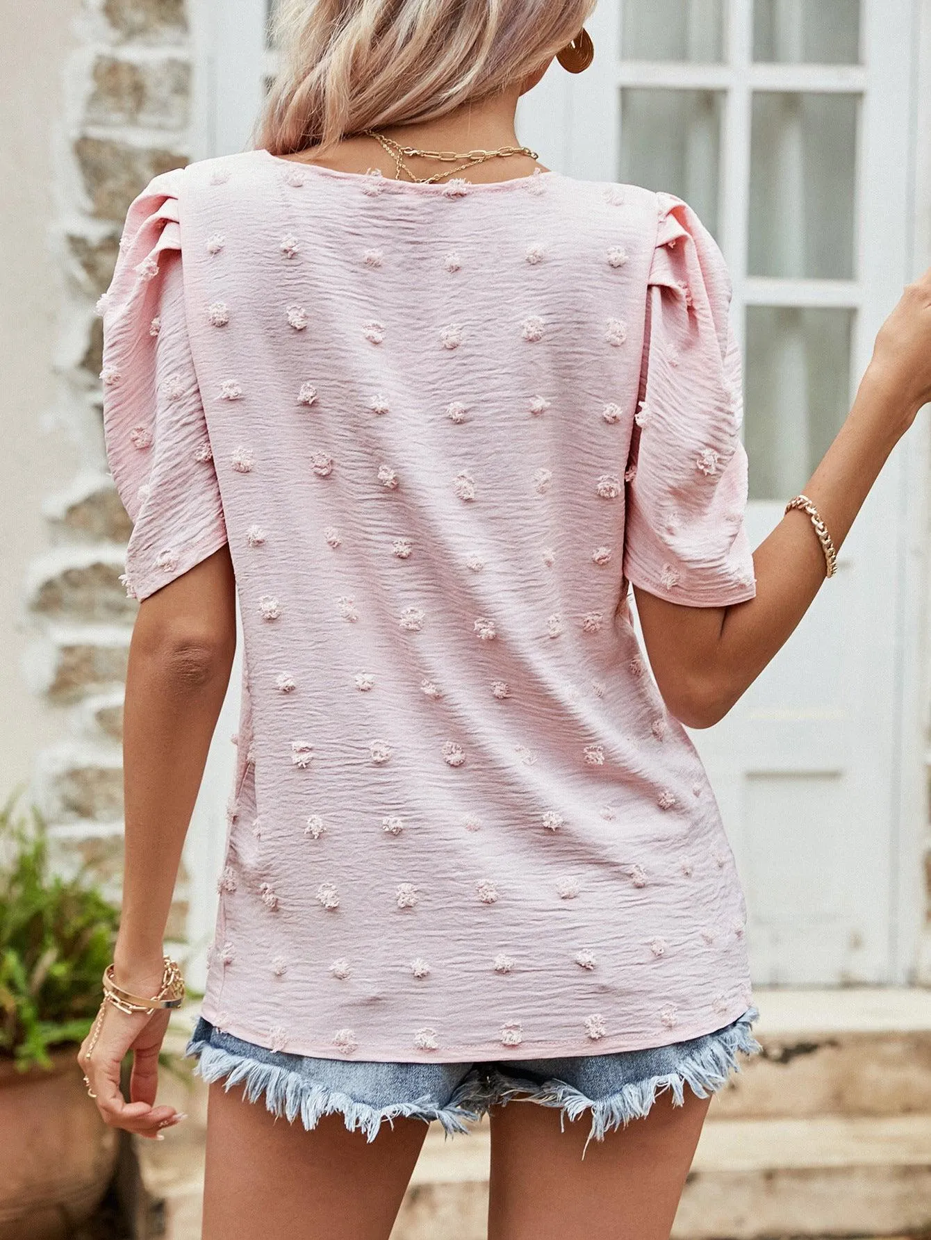 Hazel Blues® | Swiss Dot Short Puff Sleeve Top
