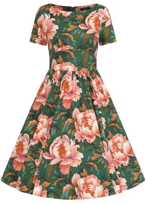 Hearts & Roses Norah Floral 50's Swing Dress Green