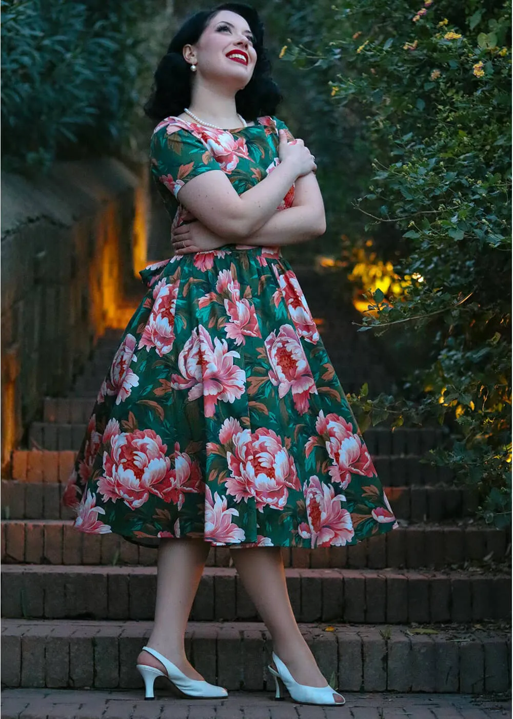 Hearts & Roses Norah Floral 50's Swing Dress Green
