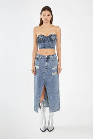 Heavy-Vintage Wash Front-Split Distressed Denim Midi-Skirt