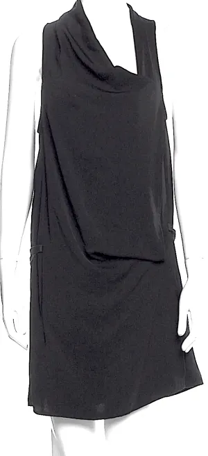 Helmut Lang NY. Black Poly/Calfskin Cowl Neck Mini Dress