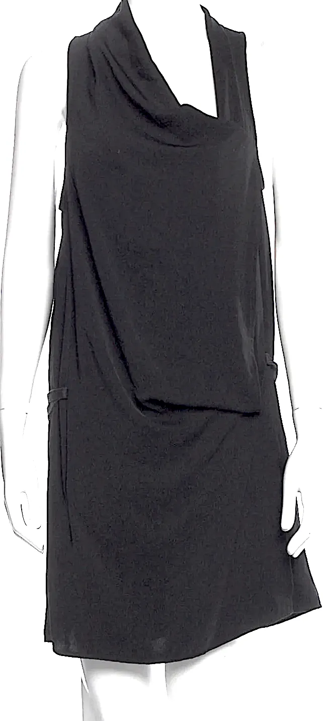 Helmut Lang NY. Black Poly/Calfskin Cowl Neck Mini Dress