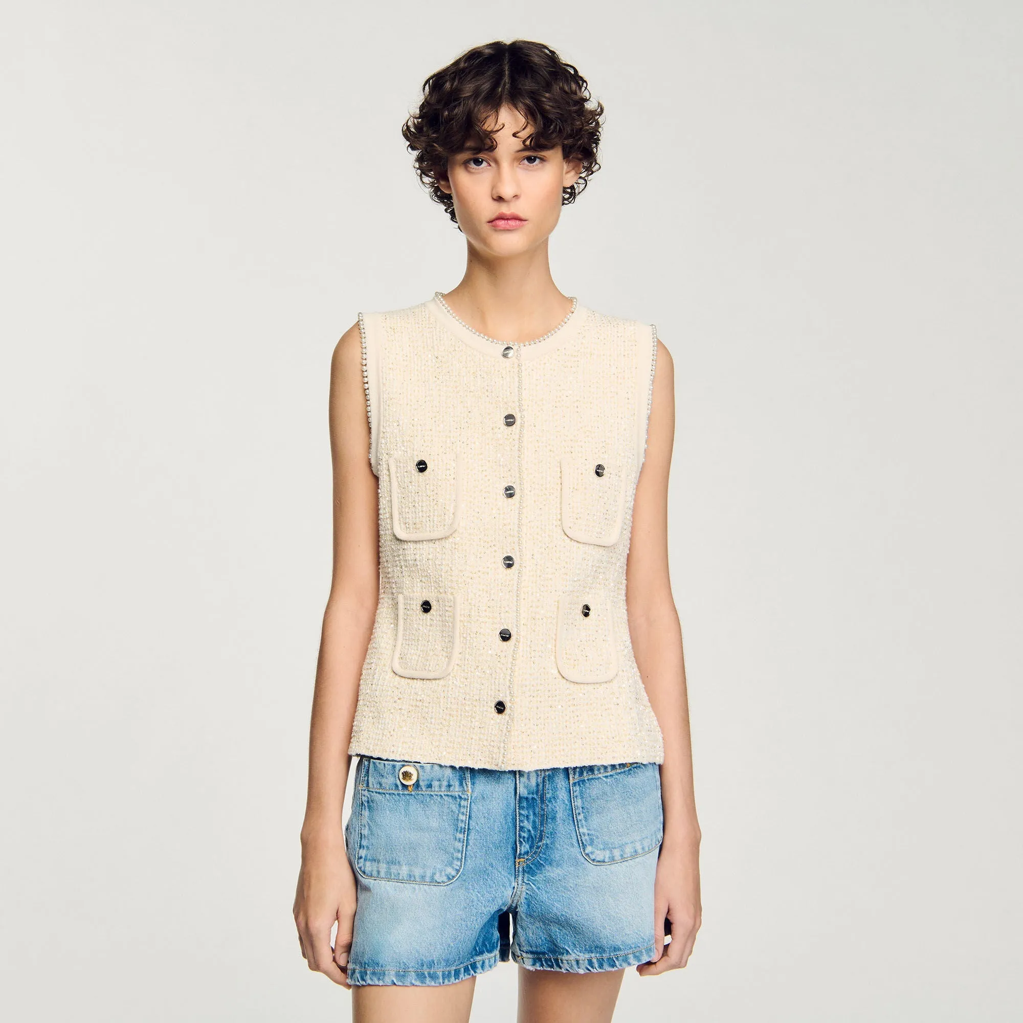 Henria Decorative Tweed Waistcoat Ecru