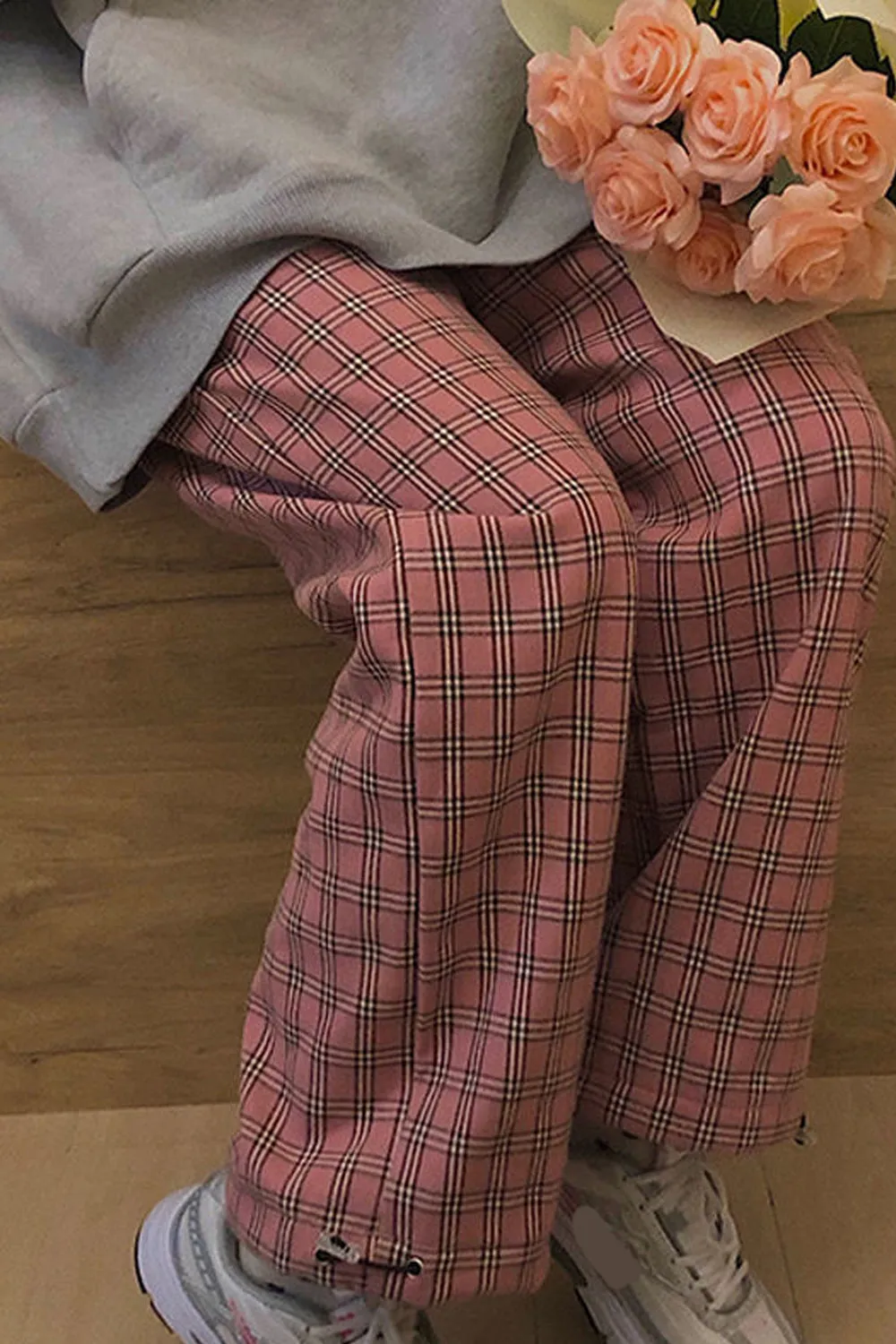 High Waist Cute Dark Pink Plaid Long Pants