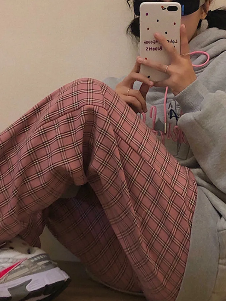 High Waist Cute Dark Pink Plaid Long Pants