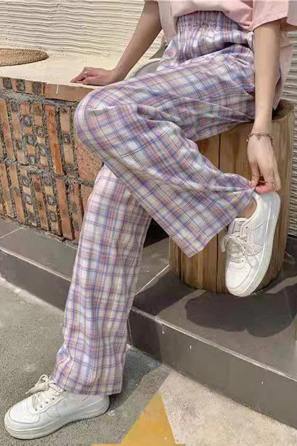 High Waist Cute Pink Plaid Long Pants