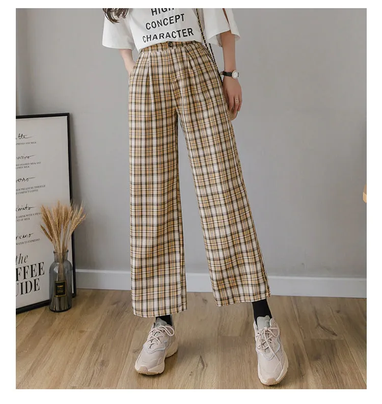 High Waist Wide Leg Vintage Plaid Long Pants